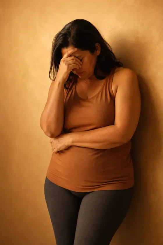 Mulher por volta dos 45 anos, cansada e cabisbaixa, encostada na parede em roupa de treino